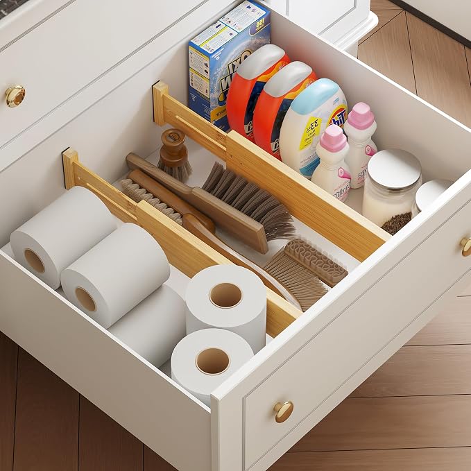 BAMEOS Bamboo Expandable Drawer Dividers – Fits 13.3"–19" Drawers, 3" Deep Walls, Set of 4 | Spring-Loaded Separator for Deep Kitchen & Bathroom Drawers, Prevents Items Falling Over - Image 5