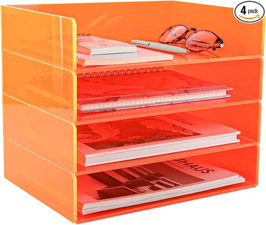 Gelite Acrylic File Organizer for Desk 4 Tiered Stackable Letter Tray Office Paper Storage Desktop Document Sorter, Neon Orange by Gelite