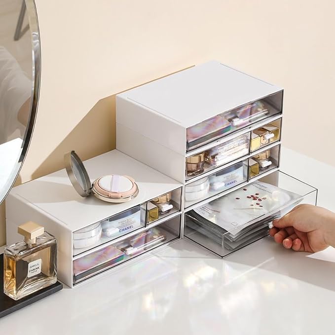ASelected Desktop Organiser 7 Drawers Stackable Desk Storage Box, Small Plastic Storage Unit With Drawers Plastic Drawers Storage Unit For Home Collection, Makeup, Office Supplies White - Image 2