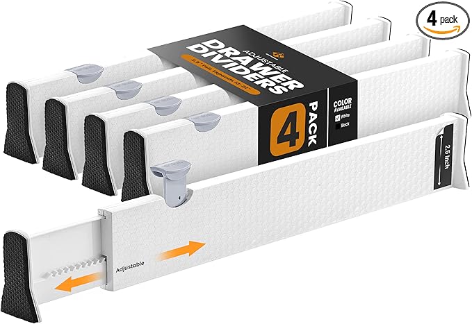 RAPTUROUS Adjustable Drawer Dividers 4 Pack, 2.5" High, 13-22" Long, Dresser Drawer Organizer for Bedroom, Closet, Kitchen, Nursery, Office, Strong Hold, Soft Foam Edges, White by Rapturous