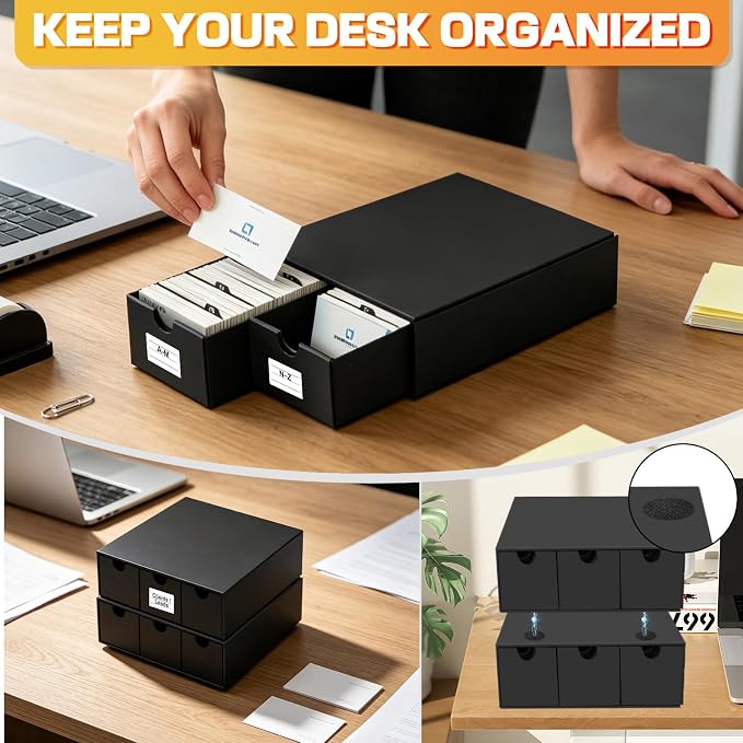 Business Card Storage Box 3 Pack, Stackable Business Card Organizer with 9 Pull-Out Drawers and Labels, Holds Up to 4500 Cards, Black Corrugated Desktop Filing Boxes - Image 5