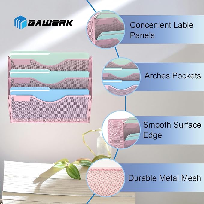 Gawerk 3 Tier Hanging Wall File Organizer, Mesh Mail Paper Orgnization Hanging File Folder Holder for Home Office, Pink - Image 3
