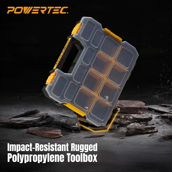 POWERTEC Small Parts Organizer & Tool Box – 14 Compartments, Stackable Storage with Interlocking Latch, Removable Dividers, Clear Lid, Portable Design (72364) - Image 5