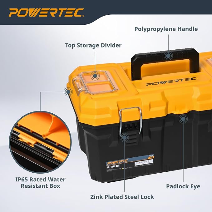 POWERTEC 16-Inch Tool Box with Trays - Lockable, Metal Latch, Organizer, Portable Storage for Tools, Small or Mid-Sized Parts (72119) - Image 3