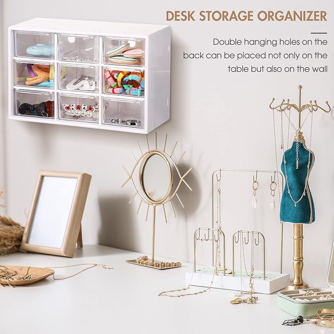 Rtteri 9 Pieces Mini Drawer Organizer Plastic Desktop Storage Box Desk Craft Organizer with 9 Clear Drawers for Office Home Jewelry Small Parts Belongings Cosmetics Collection, Wall Mounted (White) - Image 6