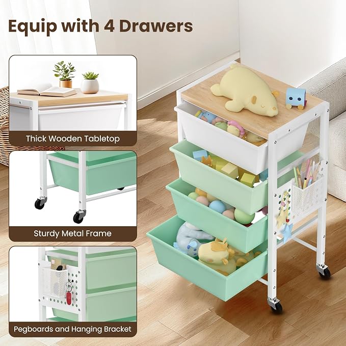 Rolling Cart with 4 Drawers, Plastic Drawer Storage Carts with Wheels & Wooden Tabletop, Metal Utility Cart with Pegboards, Office Living Room Classroom Craft Organization and Storage, Bright Green - Image 5