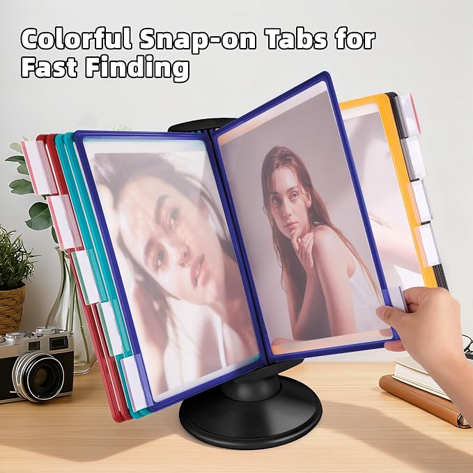 10-Pocket Desktop Reference & Display System with 360° Adjustable Base, Fast Flip & Find Desk Reference Organizer, A4/Letter Size 10 Double-Sided Panels with 5-Color Borders & Index Tabs, Black - Image 4