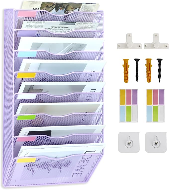 8 Pockets Mesh Wall File Holder Organizer Office Hanging File Folder Magazine Rack, Nametag Label Hooks Set Included (Purple) by ideallife