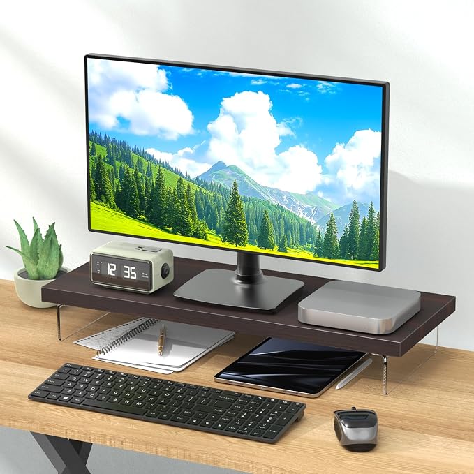 Monitor Stand Riser, 25x10 in Wood & Acrylic Computer Desk Organizer Shelf | Computer Monitor Stand With Wood & Acrylic Design; Works As Laptop Riser, Printer Stand, TV Screen Riser And Desk Organizer. - Image 2