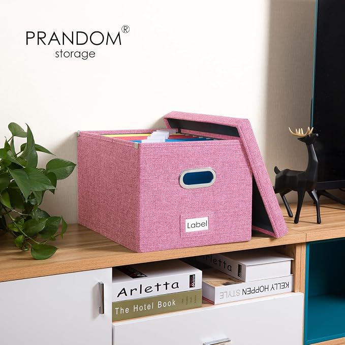 File Organizer Box - Set of 2 Collapsible Decorative Linen Filing Storage Hanging File Folders with Lids Office Cabinet Letter/Legal Size Pink (17x14x11.2 inch) - Image 2
