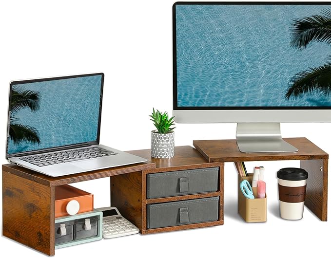TEAMIX Dual Monitor Stand Riser with 2 Drawers - Length and Angle Adjustable 3 Shelf Monitor Riser with Storage Desk Organizer Large Monitor Stand for 2 Monitors/Laptop/PC,Screen/TV Stand Riser by TEAMIX