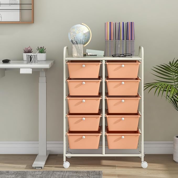 Giantex 10 Drawers Rolling Cart, Classroom Organizers, Storage Cart with Wheels, for Teacher Office Home School Supplies Tool Craft Art Paper, Peach Fuzz - Image 2