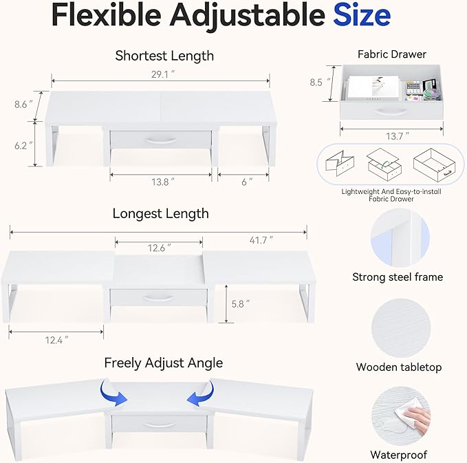 Dual Monitor Stand Riser, Desk Organizers and Accessories with Drawer, Computer Monitor Stands for Desk, Adjustable Desktop Shelf for PC Laptop Printer TV, White - Image 2