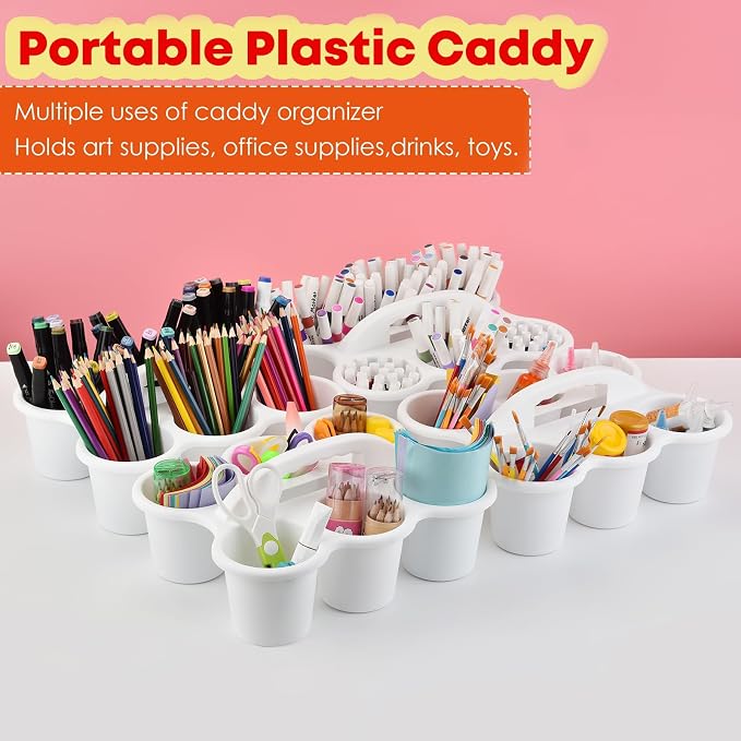 ALINK 6 Pack Classroom Caddy Storage Basket with Handle, Plastic Drink Cup Caddy Holder, 6 Compartments for Kids, Table, Office, Arts, Crafts, Crayon, Marker, Pencil, School Supplies - White - Image 5