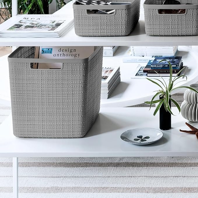 Curver Set of 4 Large Cube 17L Jute Decorative Plastic Organization and Storage Baskets - Perfect Bins for Home Office, Closet Shelves, Kitchen Pantry and All Bedroom Essentials, Grey - Image 4