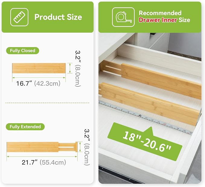 Utoplike Kitchen Drawer Divider, Expandable Bamboo Drawers Organizer 3.2" H | Large Adjustable Spring-Loaded Separators for Spatulas, Utensils, Bedroom & Home Storage, 4pcs, Fit 18"-20.6" Inner Drawer - Image 3