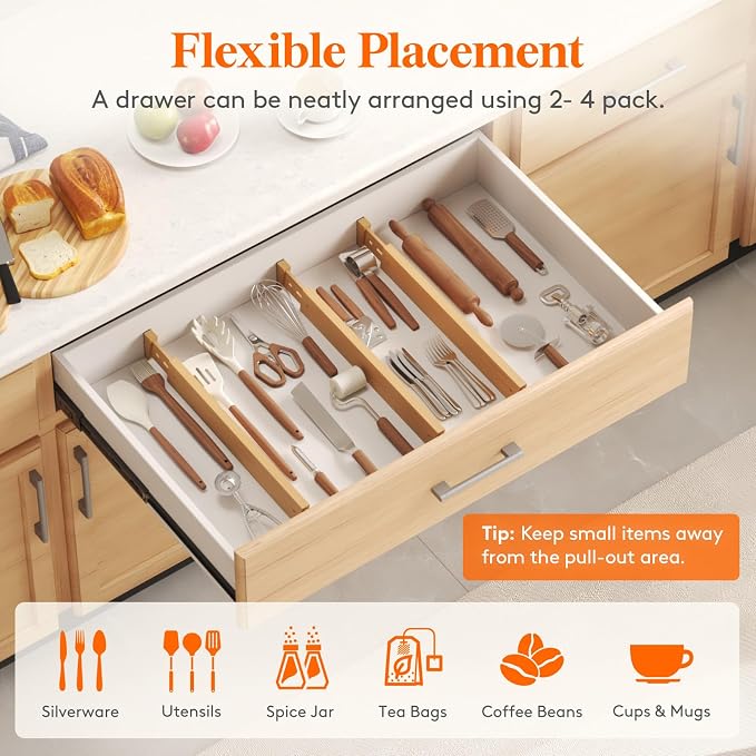 Lifewit 2.4" High 6 Pack Bamboo Drawer Dividers 45-55cm/17.5-22" Adjustable Wooden Drawer Organizer for Clothes/Utensils, Expandable Drawer Separator for Dresser/Kitchen/Bedroom/Office Organization - Image 5