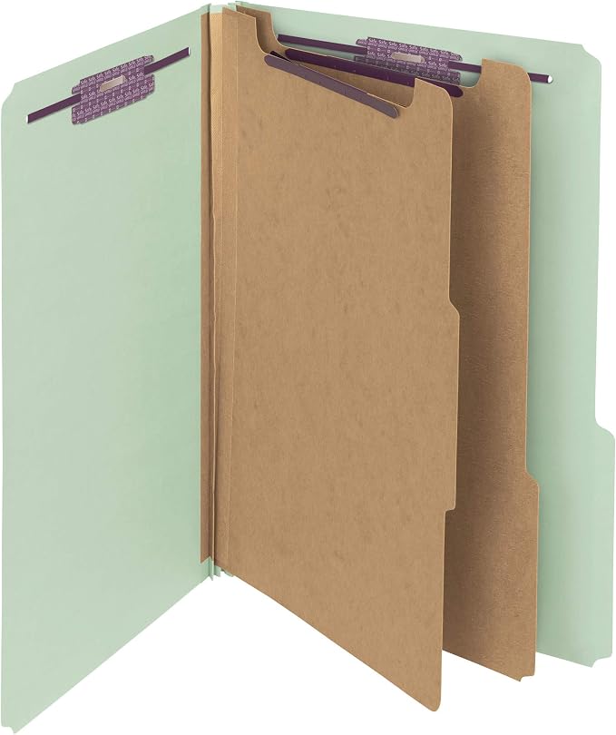 Smead Pressboard Classification Folder with SafeSHIELD Fasteners, 2 Dividers, 2" Exp, 1/3-Cut Tab, Legal Size, Gray/Green, 10 per Box (19215) by SMEAD