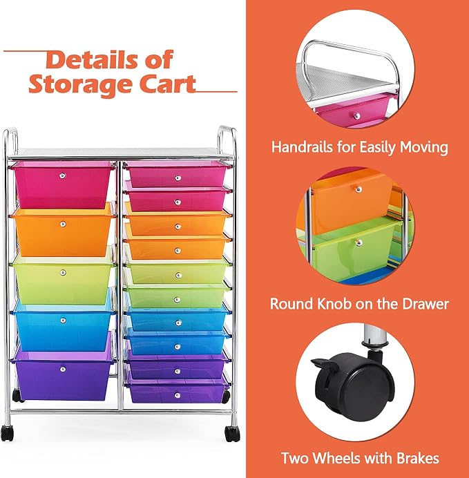 GOFLAME 15-Drawer Rolling Storage Cart, Craft Storage Cart with Removable Drawers & Lockable Wheels, Art Cart Supply Storage Organizer for Home Office Classroom, Rainbow - Image 5