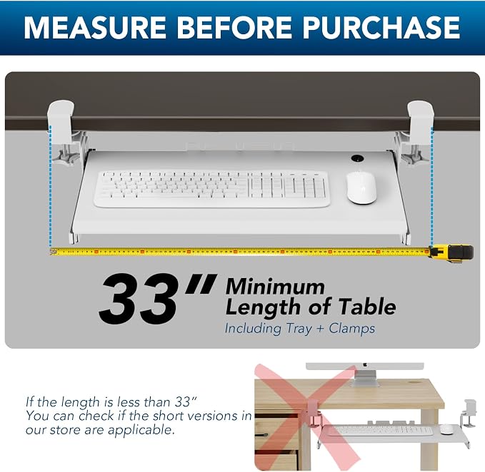 Keyboard Tray Under Desk Pull Out with Extra Sturdy C Clamp Mount System, 27.3 (32.5 inch Including Clamps) x 11 Inch Slide-Out Platform Computer Drawer for Typing White AX01WW01 - Image 5