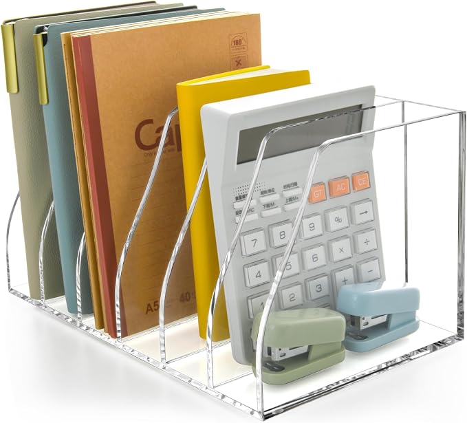 Clear Acrylic Magazine File Holder, 6 Compartment Desk Organizer | 6 spacious vertical compartments hold magazines, files, books & more. 5mm thick clear acrylic, non-slip base. No assembly. by Unknown