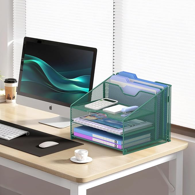 Samstar Green Desk File Organizer, Mesh Letter File Folder Holder with 3 Paper Trays and 2 Vertical Upright Section, for Office Supplies, Desk Accessories & Workspace, Green - Image 2