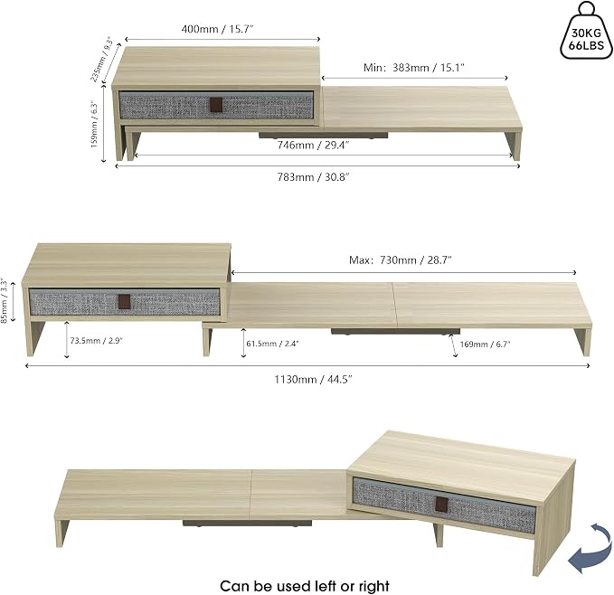 Fenge Triple Monitor Stand with Srorage Drawer, Adjustable Length and Angle | Computer Monitor Riser for 2 or 3 Monitors, Wooden Desktop Laptop Stand, Office Organizer for PC, Screen, Tablet, Oak - Image 5
