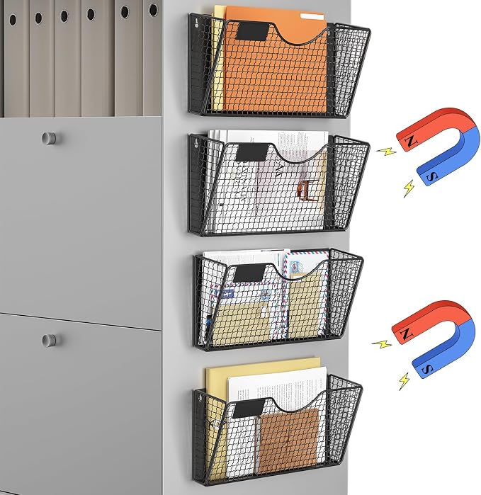 MFTEK Magnetic File Holder, 4 Pockets Magnetic File Folder Holder No Drilling Magnet Paper Mail Organizer Magazine Basket, Hanging Wall Storage Rack for Fridge Cabinets Office Classroom by MFTEK
