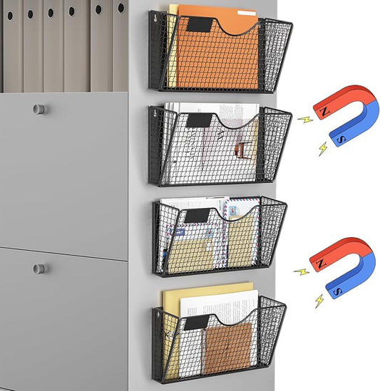 MFTEK Magnetic File Holder, 4 Pockets Magnetic File Folder Holder No Drilling Magnet Paper Mail Organizer Magazine Basket, Hanging Wall Storage Rack for Fridge Cabinets Office Classroom by MFTEK
