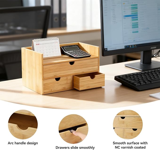 Desk Organizer with Drawers - Bamboo Desktop Organizer for Office Home Makeup Vanity Shelf, Stackable Storage Drawers Box for Desk Organization, No Assembly Required - Image 3