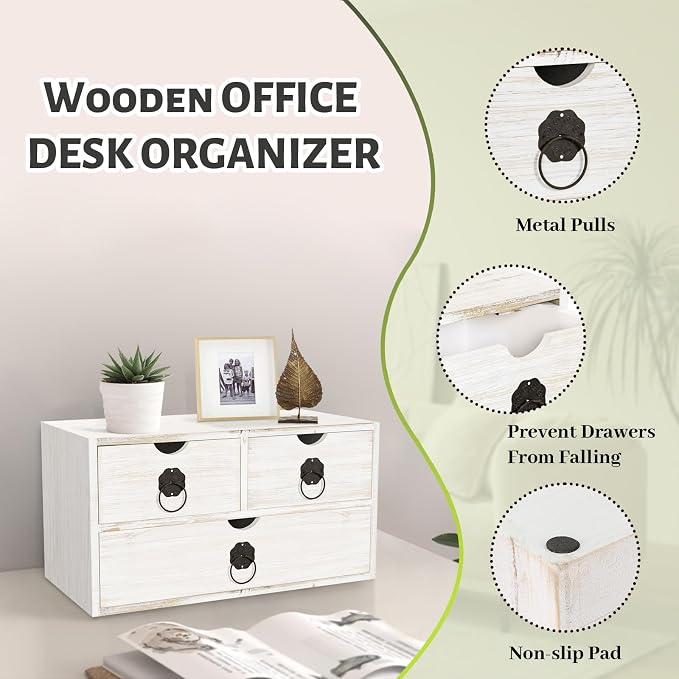 Wood Desk Organizer with Drawer, White Wooden Desktop Organizer, Tabletop Storage Organization Box for Countertop, Home Office Supplies (3 Drawer) - Image 5