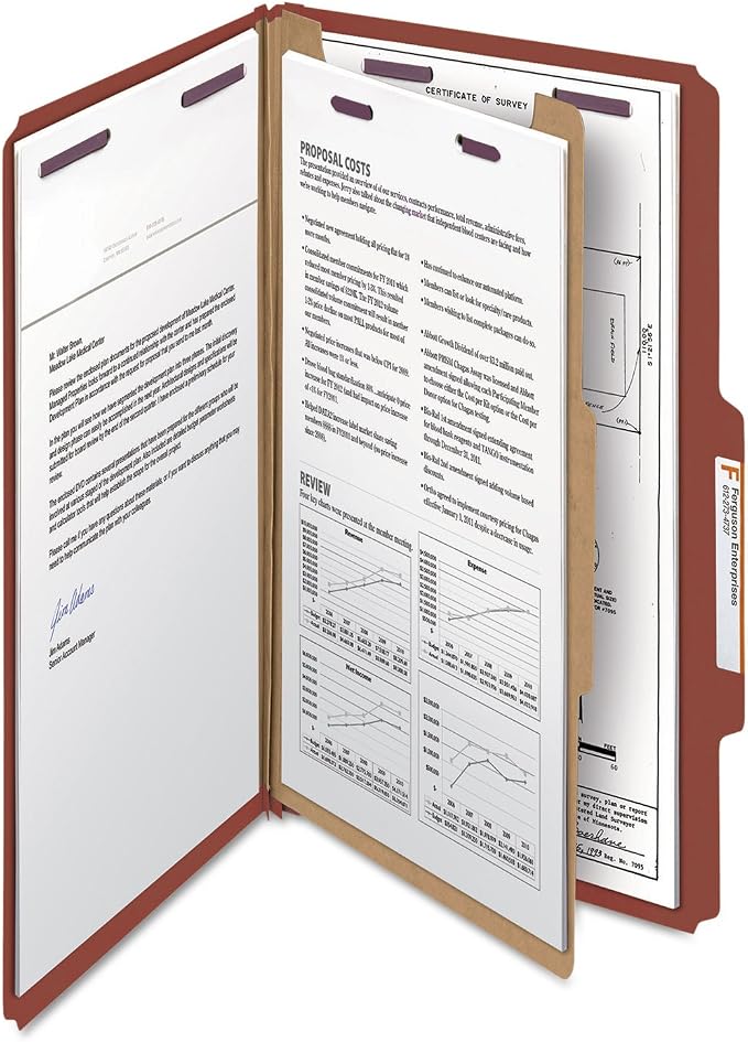 Smead Pressboard Classification File Folder with SafeSHIELD Fasteners, 1 Divider, 2" Expansion, Legal Size, Red, 10 per Box (18775) - Image 7