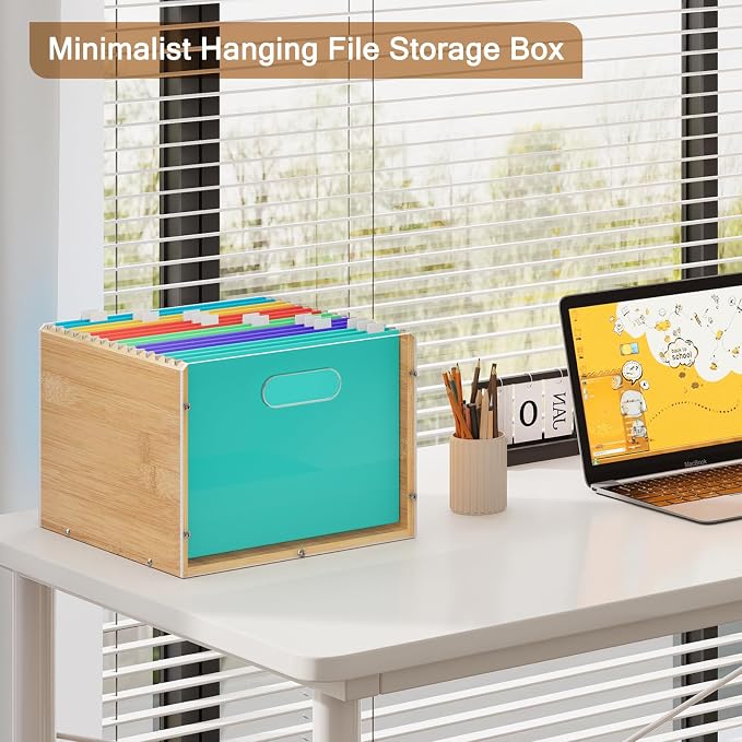 Sbanmao Hanging File Organizer, Clear Acrylic File Box Organizer, Bamboo Filing Box File Crate Organizer Storage Boxes, Portable Filing Folder with Handle for Letter Size - Image 2