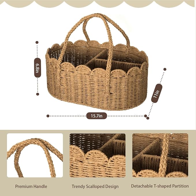 Diaper Caddy Organizer, Paper Rope Storage Baskets Nursery Bin with Removable Divider, Portable Car Organizer for Diapers, Baby Shower Gifts, Newborn Essentials Must Haves - Image 3