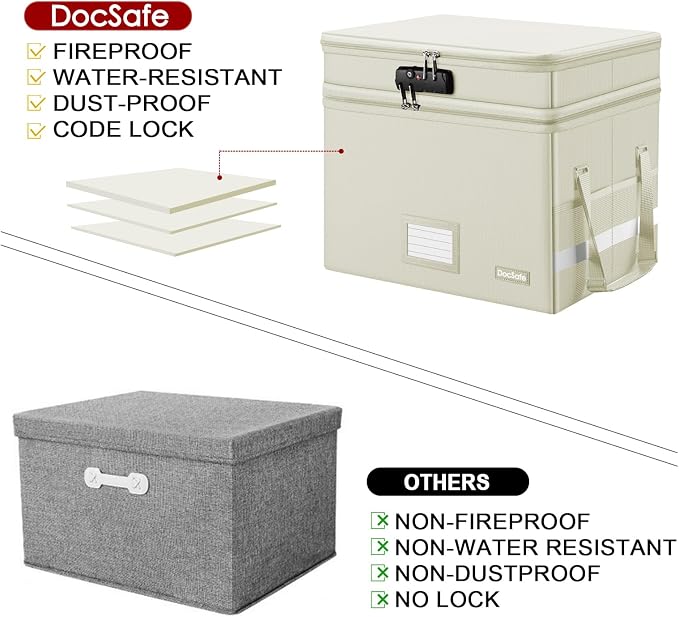 DocSafe File Box with Lock,Multi-Layer Fireproof Document Box Collapsible File Storage Organizer with Pockets/Handle,Large Portable Home Office Filing Box for Hanging Letter/Legal Size Folders,Beige - Image 7