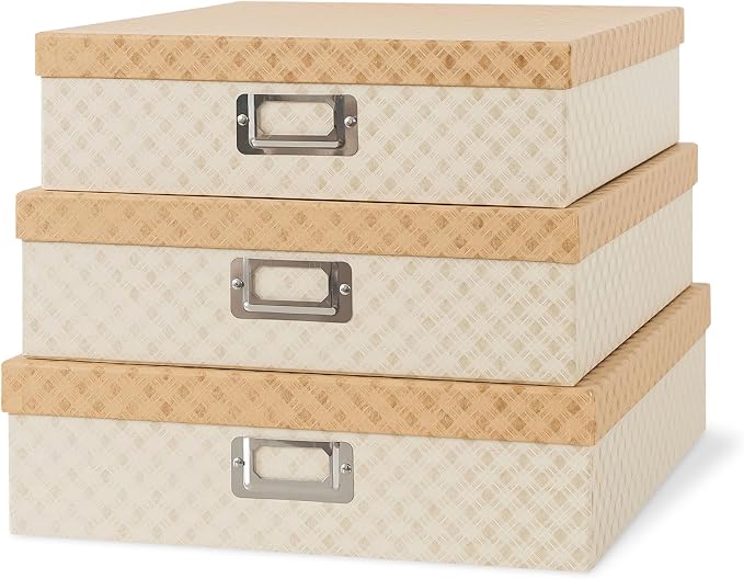 Soul & Lane - Geometric Check Scrapbook Storage Boxes with Lids, Set of 3 | Large Decorative Cardboard Letter Box Set for Documents, Photos and Keepsakes, Nesting Memory Organizers for Organizing by SoulLane