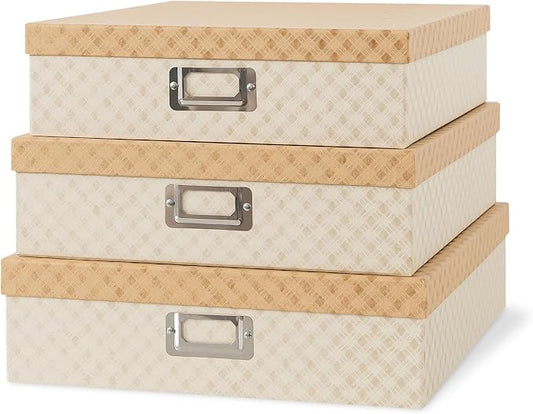Soul & Lane - Geometric Check Scrapbook Storage Boxes with Lids, Set of 3 | Large Decorative Cardboard Letter Box Set for Documents, Photos and Keepsakes, Nesting Memory Organizers for Organizing by SoulLane