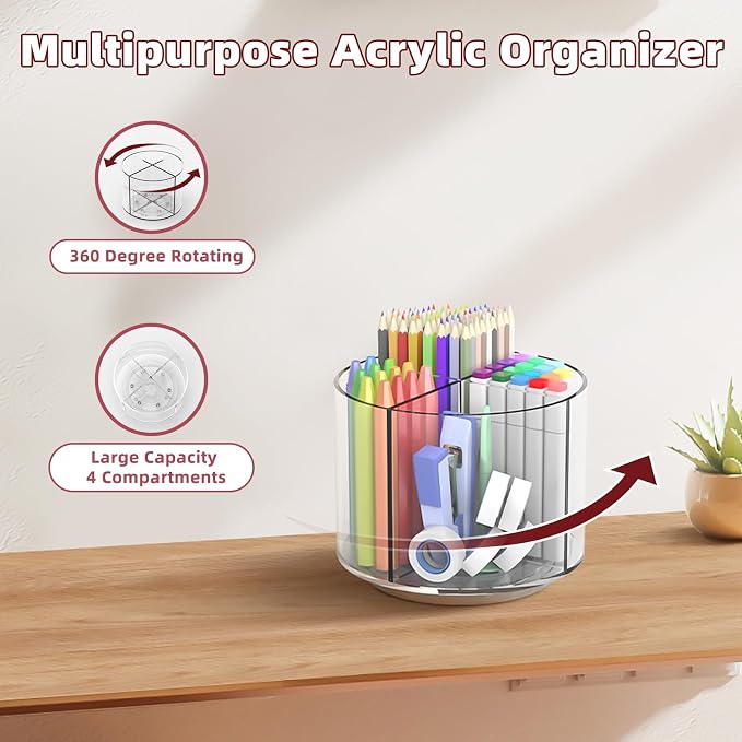 Pencil Holder for Kids, 360 Rotating Pen Holder for Desk Organizer and Storage, 4 Compartments Art Supply Marker Organizer, Pen Organizer Pencil Holder - Image 3