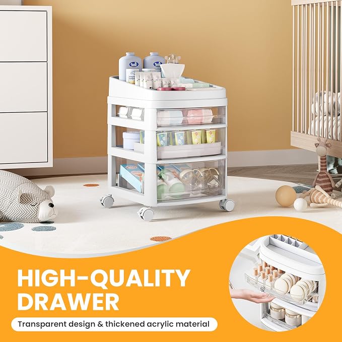 Rolling Cart with 3 Drawers, Clear Plastic Drawer Organizers, Vanity Cart | Dust Proof Under Desk Storage with Dividers for Makeup, Skincare, Art Crafts and Baby Items, Acrylic Cosmetic Organizer - Image 4