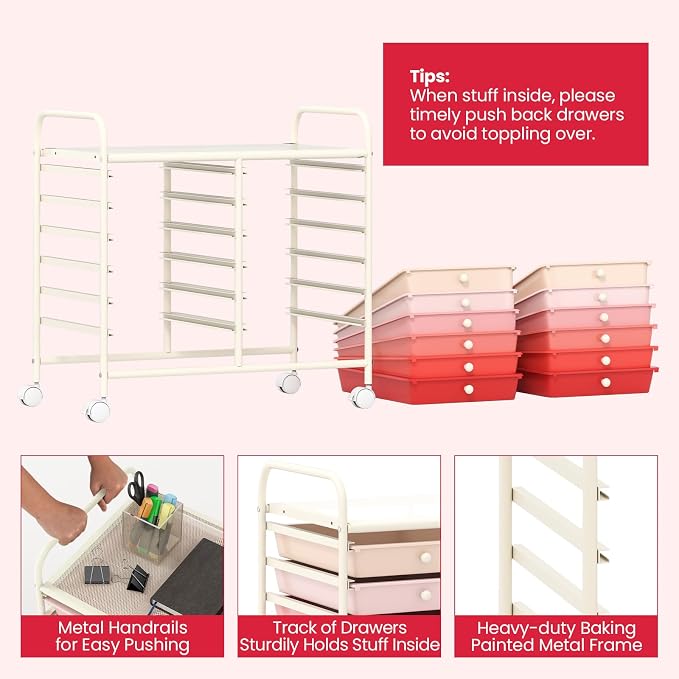 Giantex 12 Drawers Rolling Cart, Mobile Storage Drawer Cart, Classroom Organizer Cart for Office School Supplies Tools Scrapbook Paper Craft Small Printer, Utility Cart on Wheels, Pink Gradient - Image 6