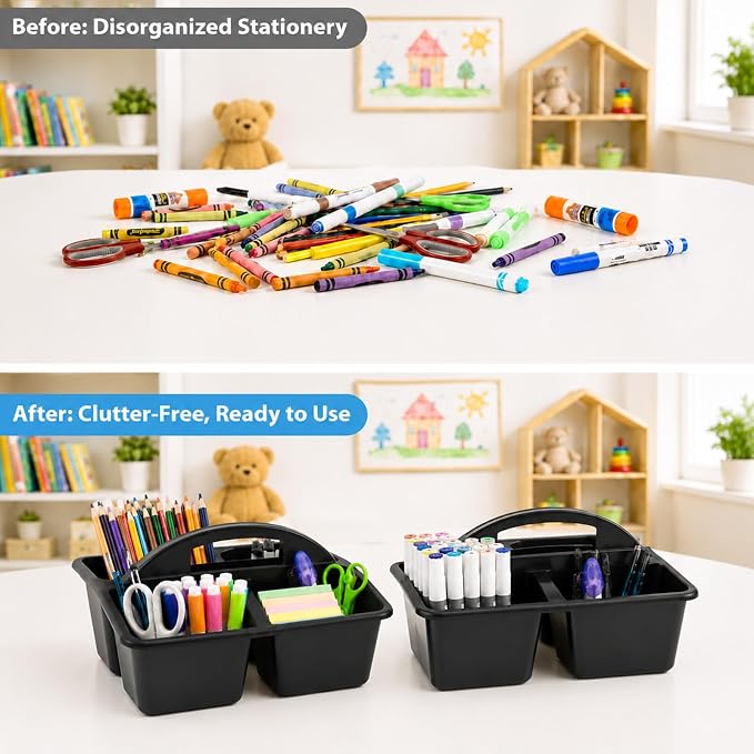 6 Pack Assorted Colors Classrooms Caddy 4 Compartment Classroom Caddy Compartment Caddies Set Table Caddies Classrooms with Handle for Classroom Organization Table Desk Office Supplies(Black) - Image 4