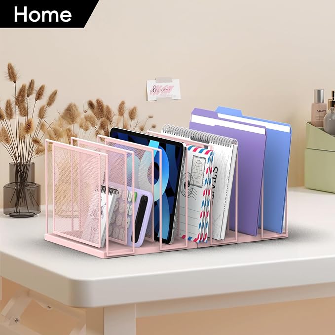 File Organizer for Desk, 7-Section Vertical File Sorter, Paper Holder Organizer Standing Metal File Folder for Office Home Classroom, Pink - Image 2