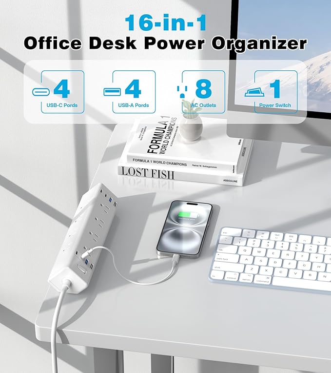 VILONG Desk Clamp Power Strip, Edge Mount, 8AC, 8USB (4 USB-C), 1200J | 40W Fast Charging Station, 6FT 14AWG Cord, Fits 1.9" Desk Edge, Home Office Workstation, White, ETL Listed - Image 5