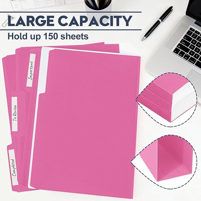 File Folders,150 Pack Letter Size Colored File Folders,8.5" x 11",1/3 Cut Tab Folder,Bulk Durable Paper Folders with Blank Labels for Office Business School Home Use,Bright Pink - Image 4