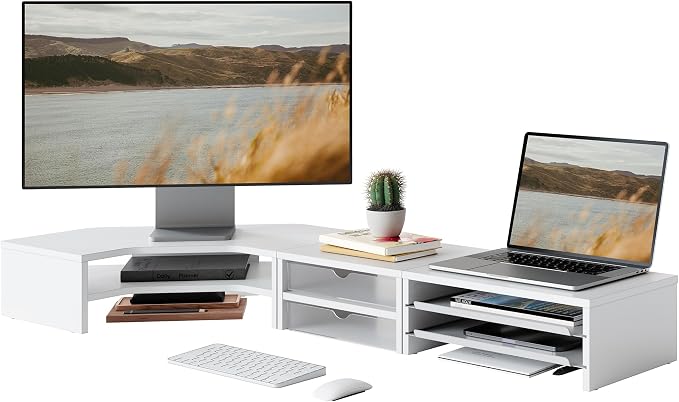 Fenge Dual Monitor Stand with Storage, Corner Desk Shelf for Top of Desk | Wooden Monitor Riser with Drawer and Slide-Out Tray, 2 Tier Storage, for Home Office, Computer, Laptop, Printer by Fenge