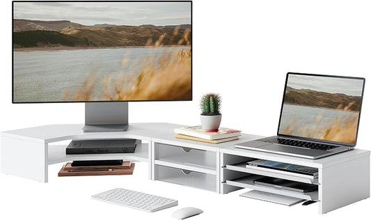 Fenge Dual Monitor Stand with Storage, Corner Desk Shelf for Top of Desk | Wooden Monitor Riser with Drawer and Slide-Out Tray, 2 Tier Storage, for Home Office, Computer, Laptop, Printer by Fenge