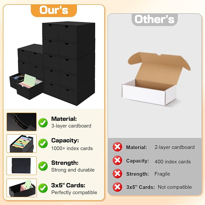 8 Packs Index Cards Box,3x5 Index Card Holder with Lid,2-Compartment,Hold 16000 Cards,Black Recipe Holder for 3''x5'' Notecard Recipe Flashcard Card - Image 4