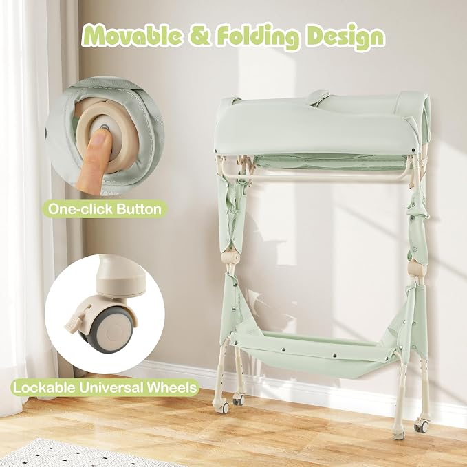 INFANS Baby Changing Table with Wheels, Portable Folding Diaper Station Nursery Organizer with Storage Basket, Hanging Rack, Adjustable Height, Safety Belt for Newborn Infant (Green) - Image 8