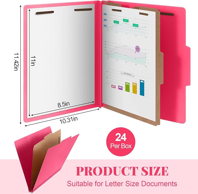 AmazingSpark 24 Pcs Classification Folders Letter Size Bulk 1 Divider Pressboard File Folder with Expansion 2 Prongs Fastener Heavy Duty Office File Organizer for School Project Document(Hot Pink) - Image 2