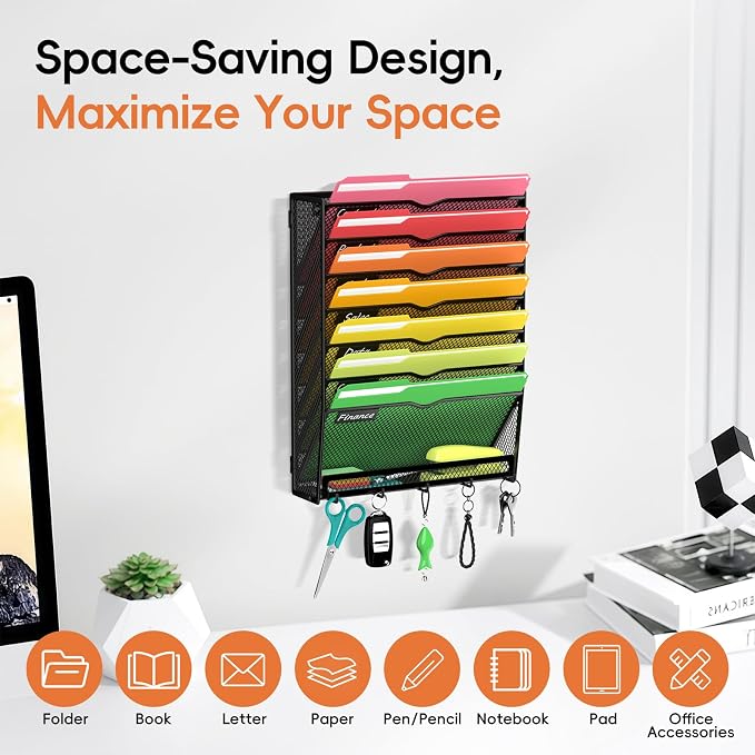2Pack 8-Tier Wall File Organizer with Hook, Hanging File Organizer Black | Wall-mounted mail storage holds papers, folders, files, clipboards and magazines, assembly required for office or home use. - Image 4